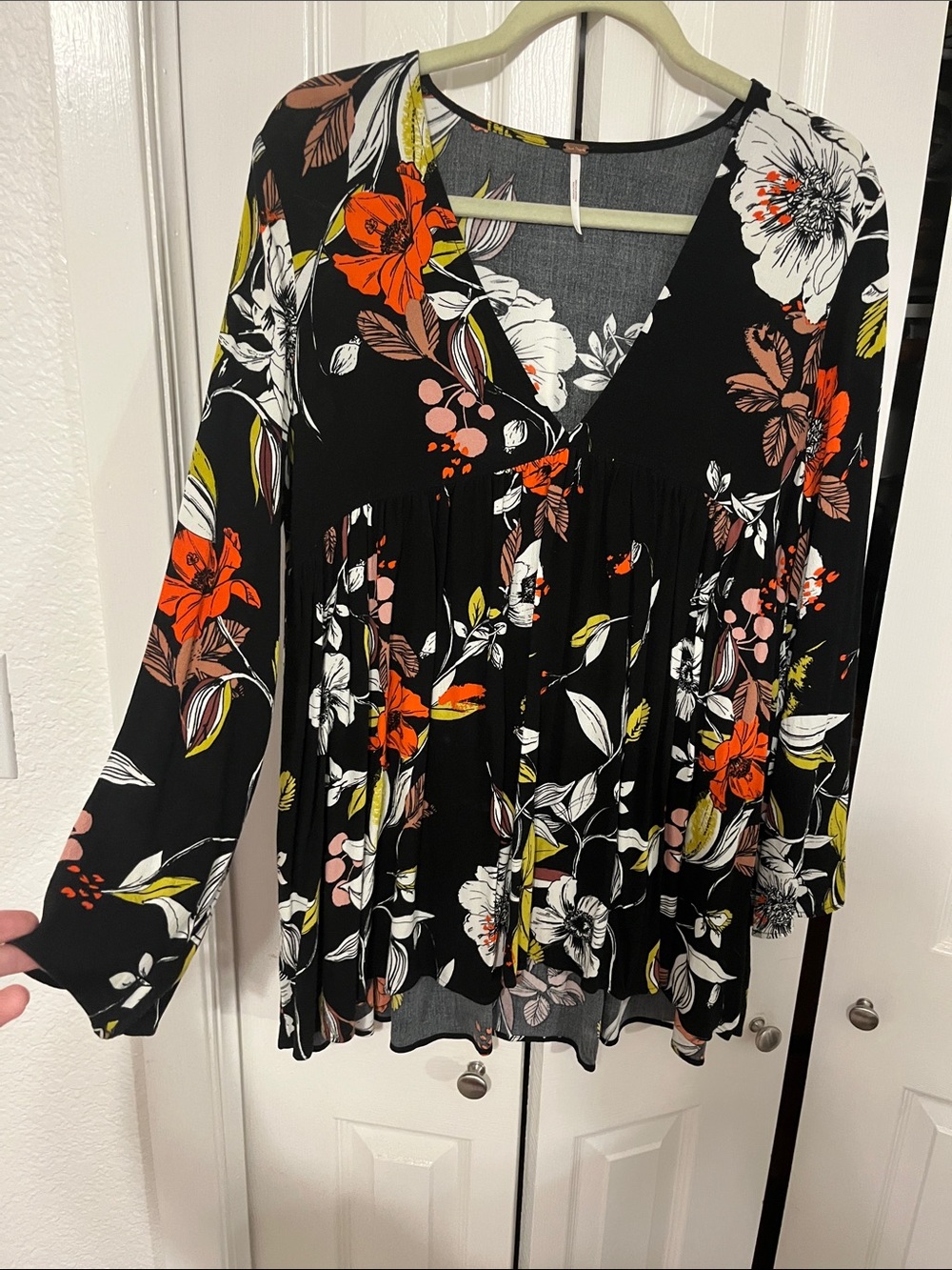 Free People Black Floral V-Neck Tunic with Orange & Mauve Accents